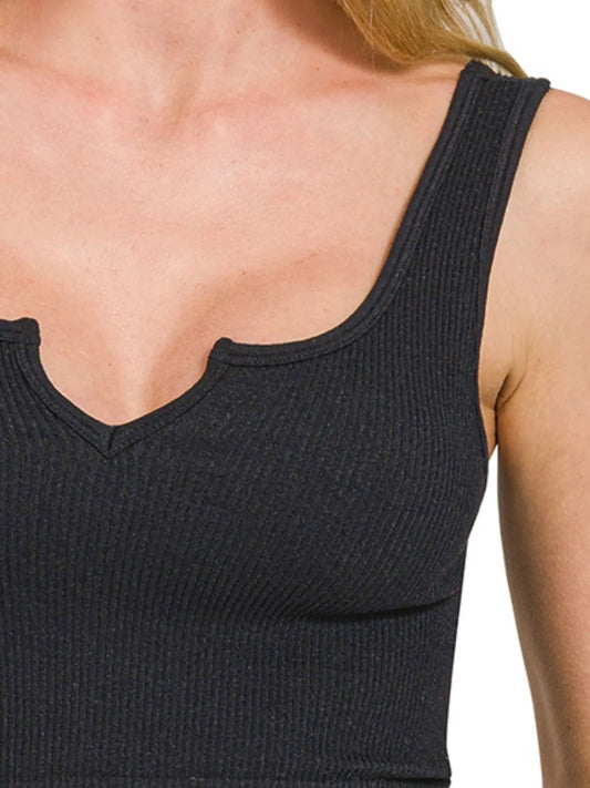 Sleek Black Seamless Split Neck Bra Tank Top