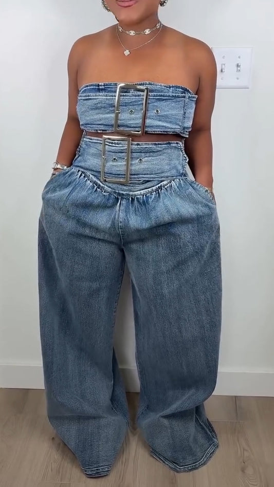 Ladies' Strapless Patchwork Big Metal Buckle Sexy Hot Girl Casual Set