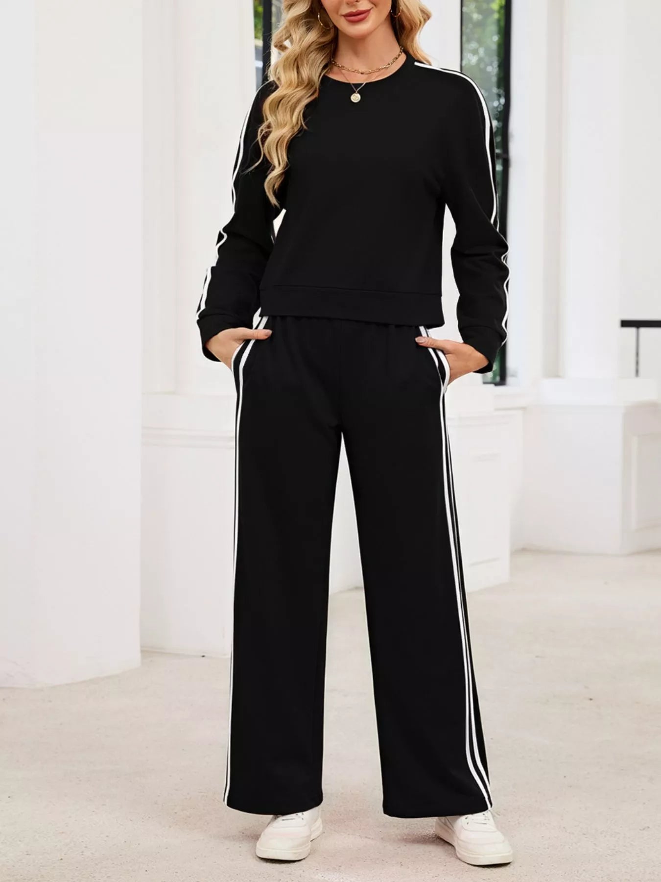 Striped Round Neck Sweatshirt and Pants Set
