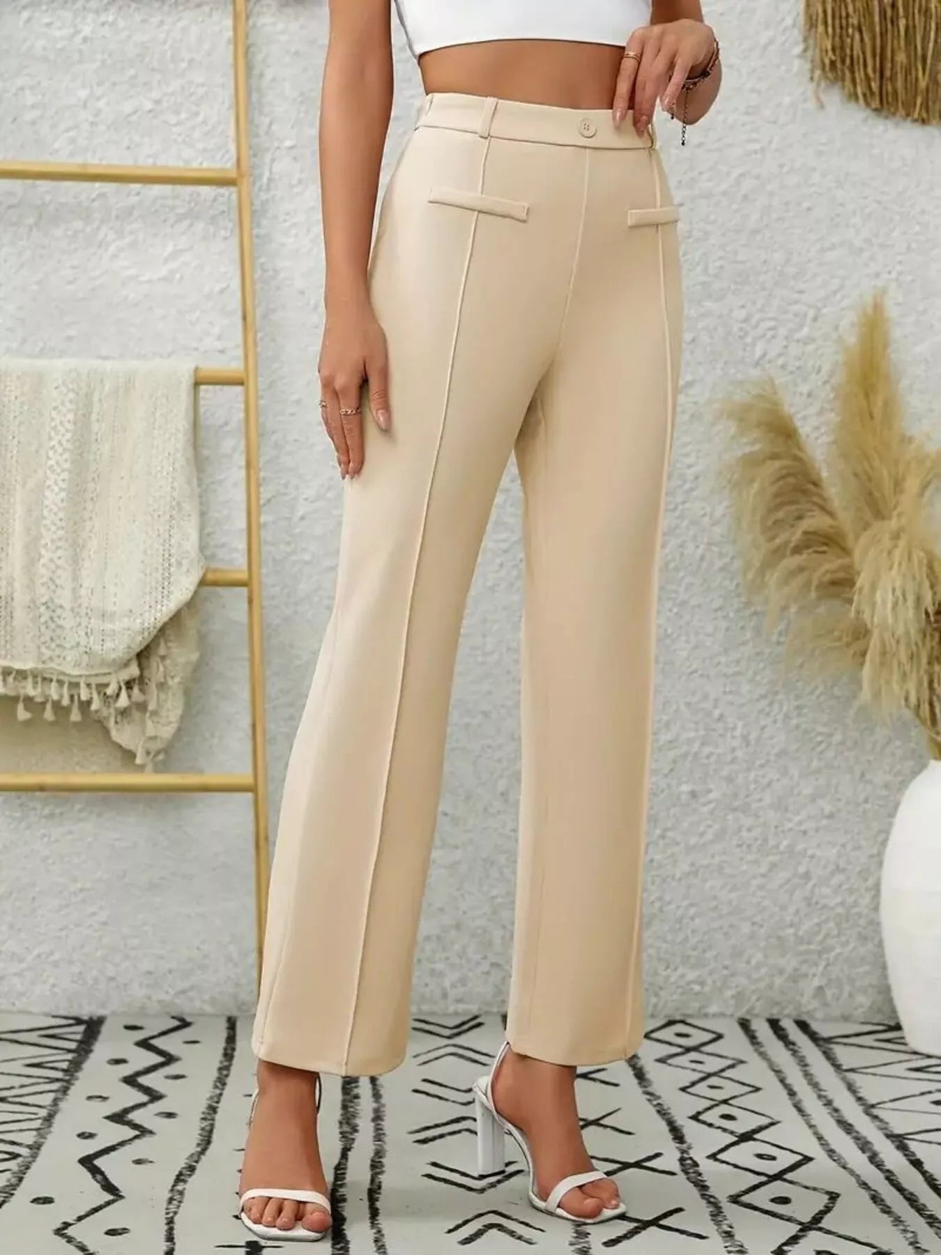 Light Beige High Waist Flare Pants – Chic Women’s Trendy Wide Leg Trousers