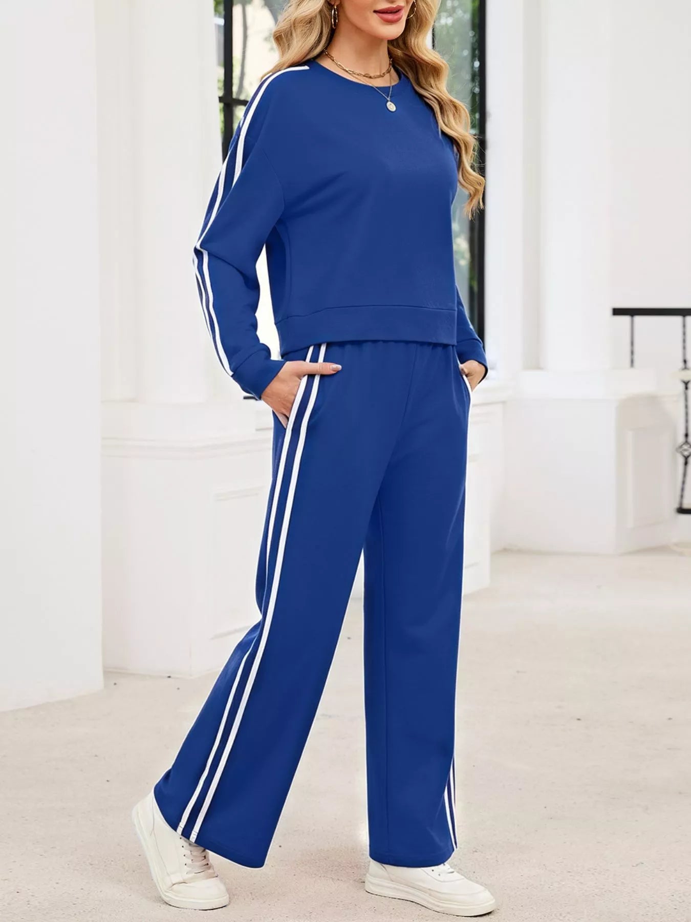 Striped Round Neck Sweatshirt and Pants Set