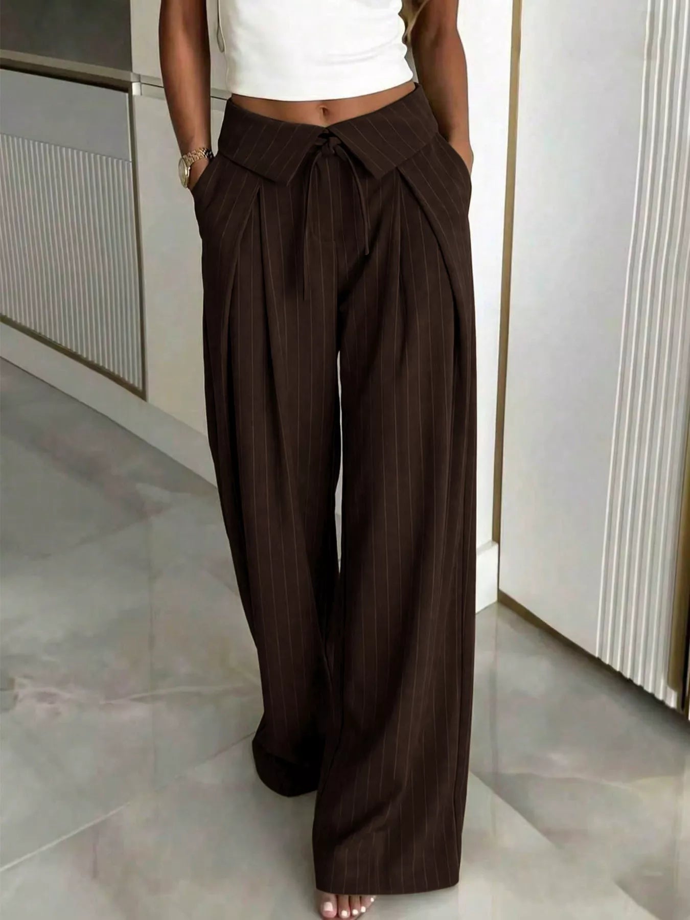 High-Waisted Wide-Leg Pinstripe Pants