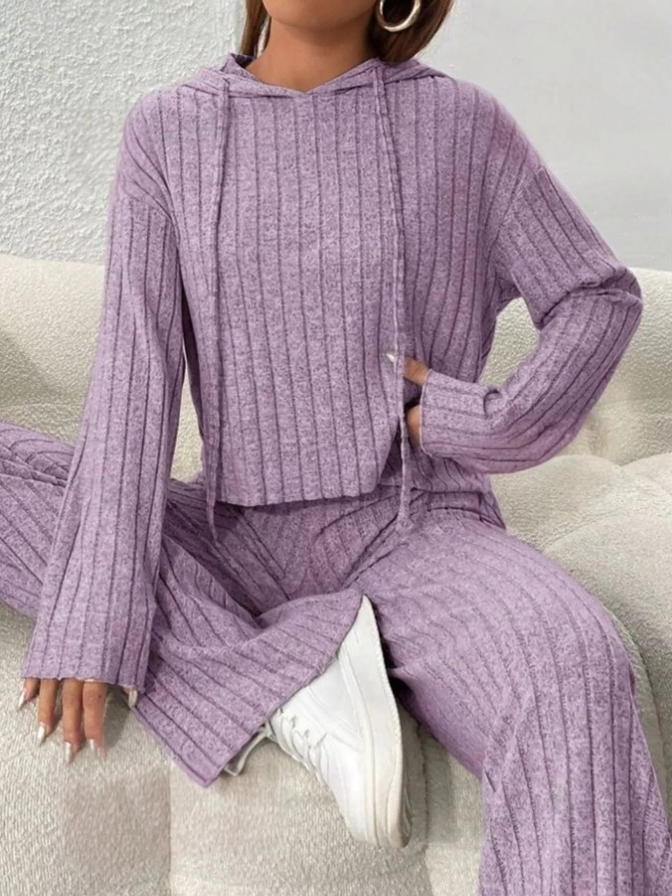 Ribbed Knit Hoodie & Wide Leg Pants Set