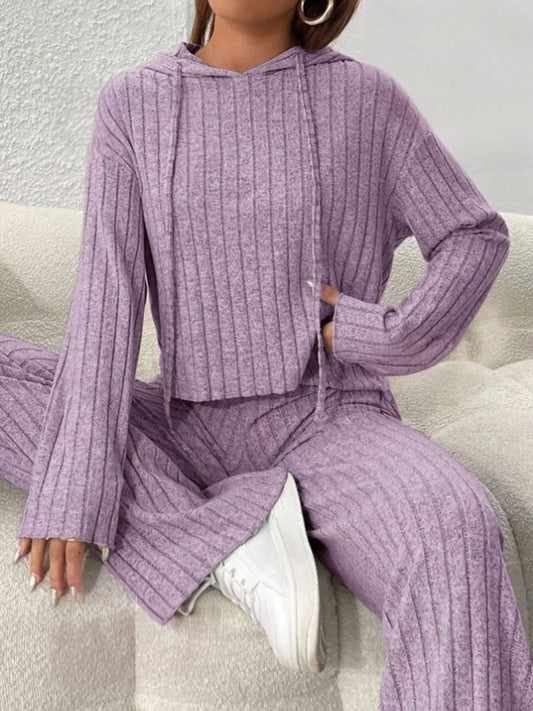 Ribbed Knit Hoodie & Wide Leg Pants Set