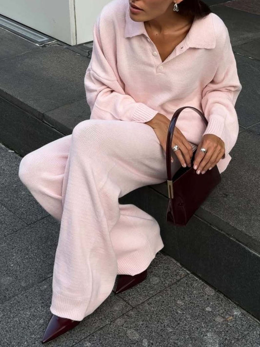 Polo Collar Top and Wide Leg Pants Knit Set