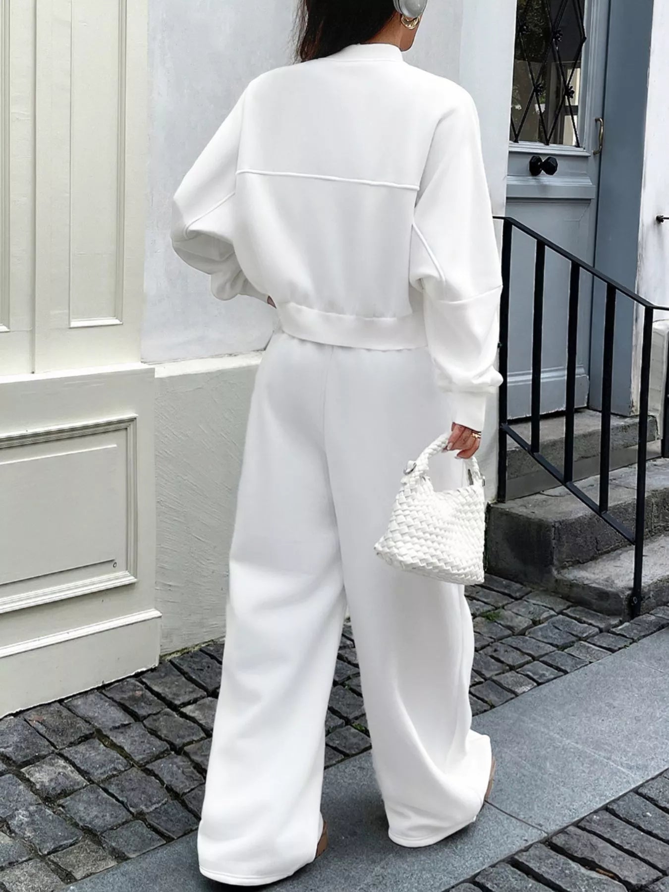 White Zip Up Jacket & Wide Leg Pants Set – Women’s 2-Piece Lounge & Travel Outfit