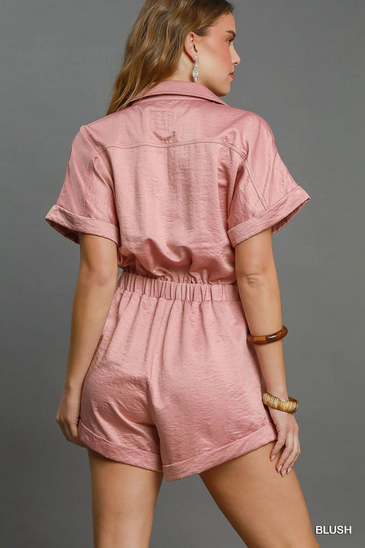 Women’s Blush Pink Button Down Charmeuse Romper – Satin Short Sleeve One-Piece Jumpsuit