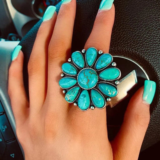 Boho Turquoise Alloy Flower Ring