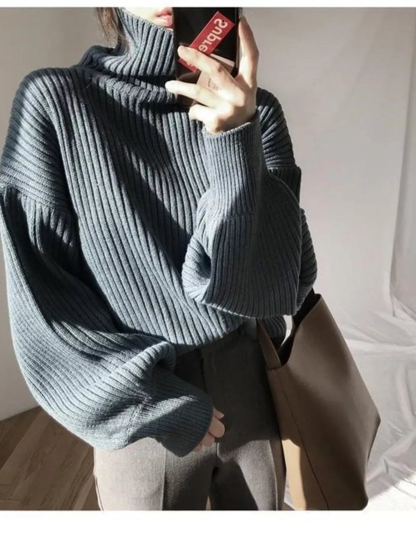 Full Size Oversized Turtleneck Ribbed Knit Sweater Plus Size