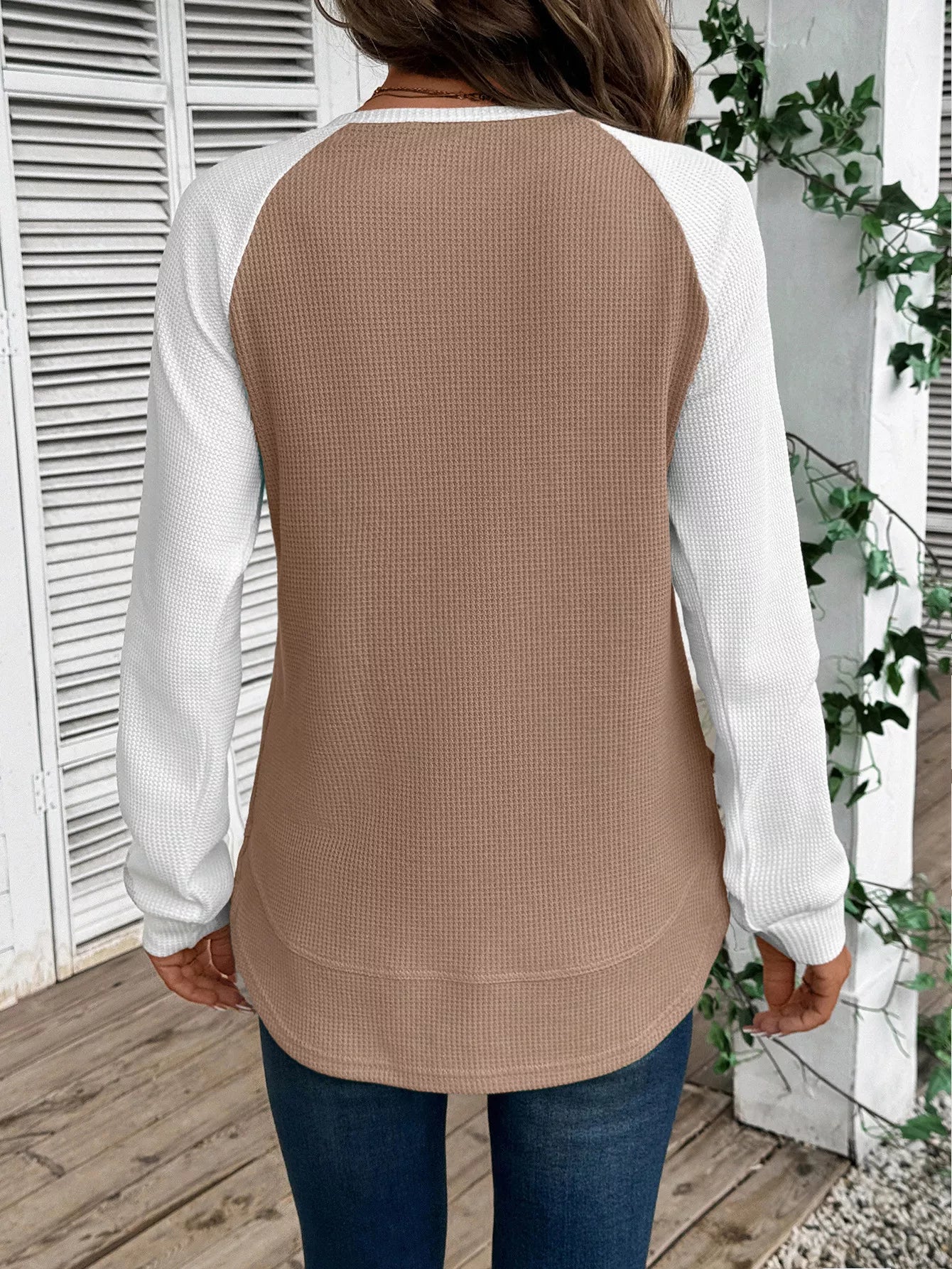 Contrast Raglan Sleeve Waffle Knit T-Shirt