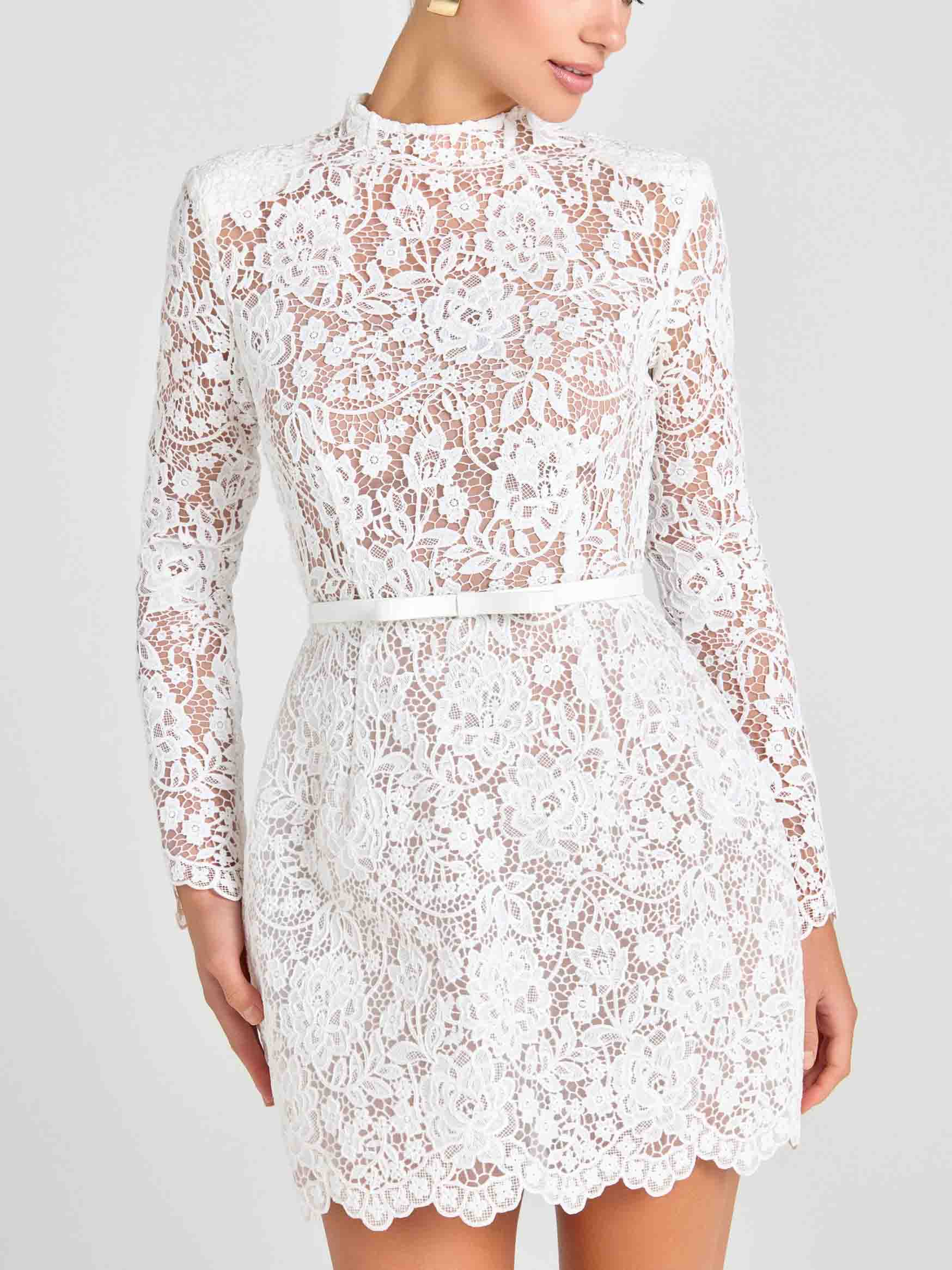 Elegant Short Sleeve Floral Lace Mini Dress White