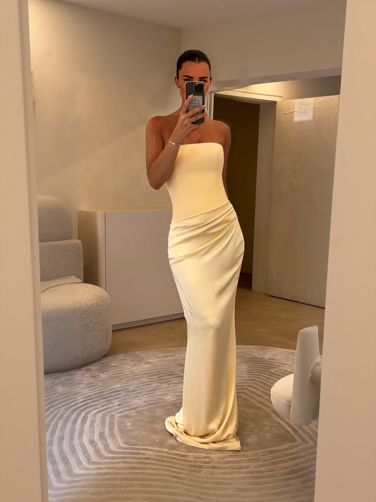 Elegant Strapless Draped Satin Maxi Dress Yellow