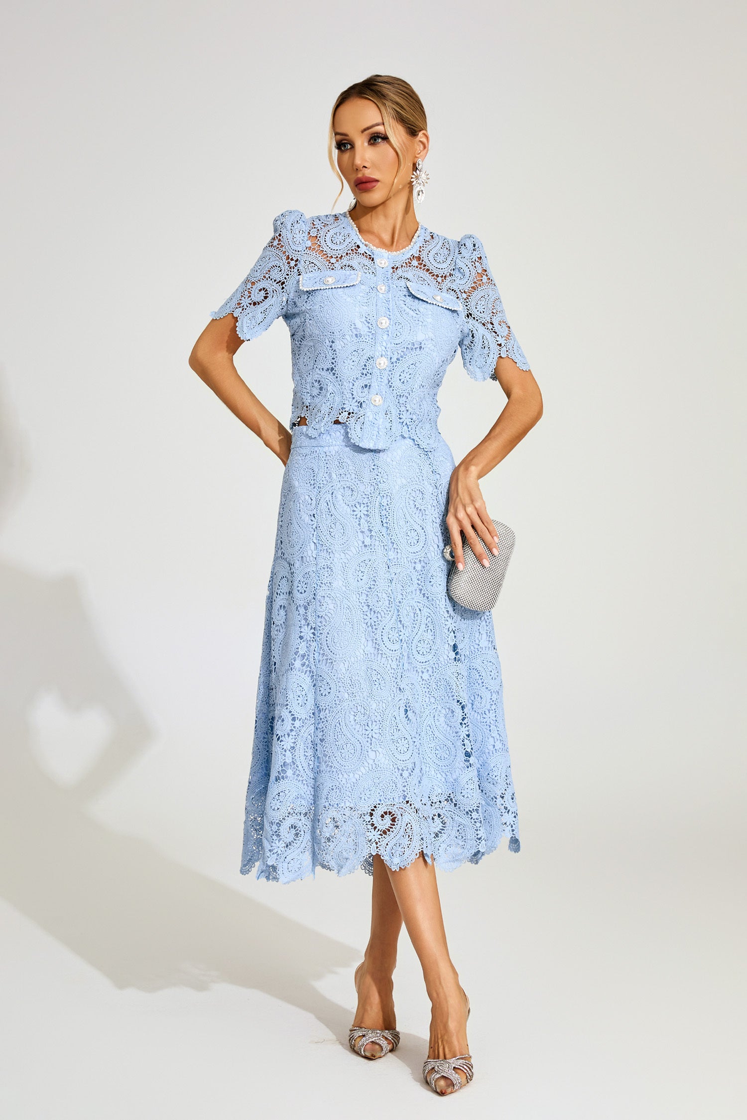 Amélie Sky Lace Midi Skirt & Top Set