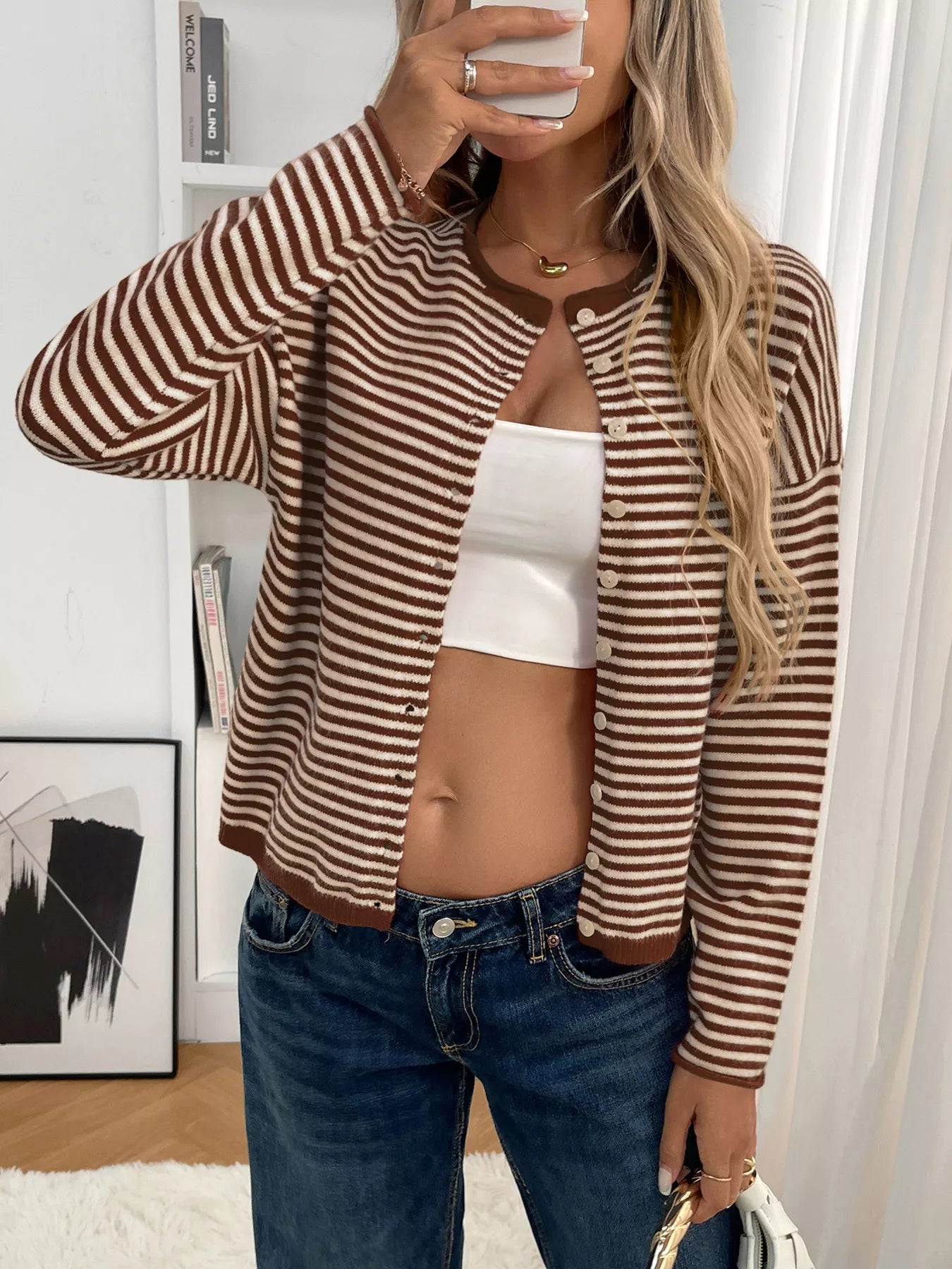 Women’s Striped Button-Down Dropped Shoulder Cardigan – Cozy Knit Sweater