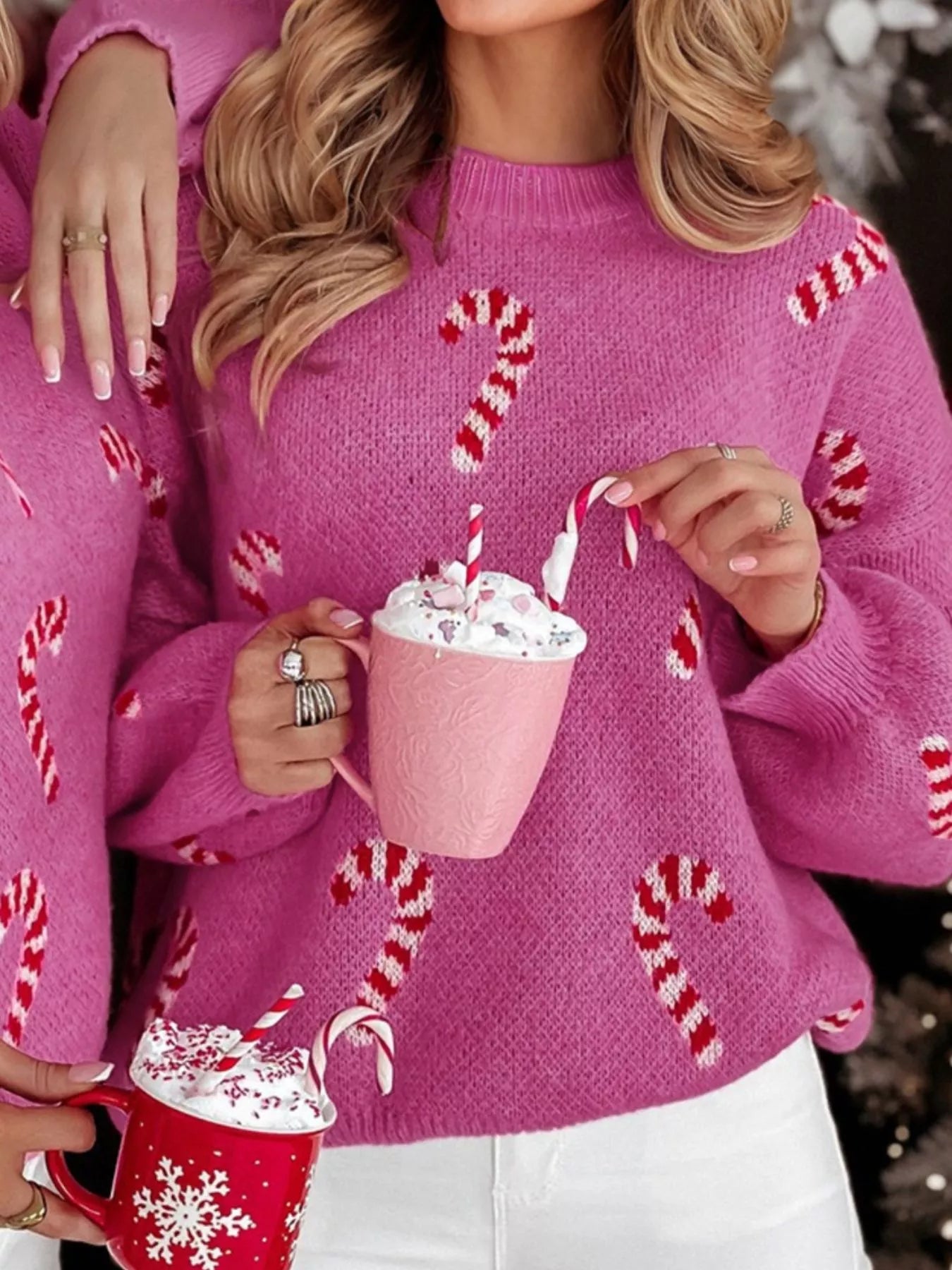 Christmas Candy Cane Holiday Drop Shoulder Sweater