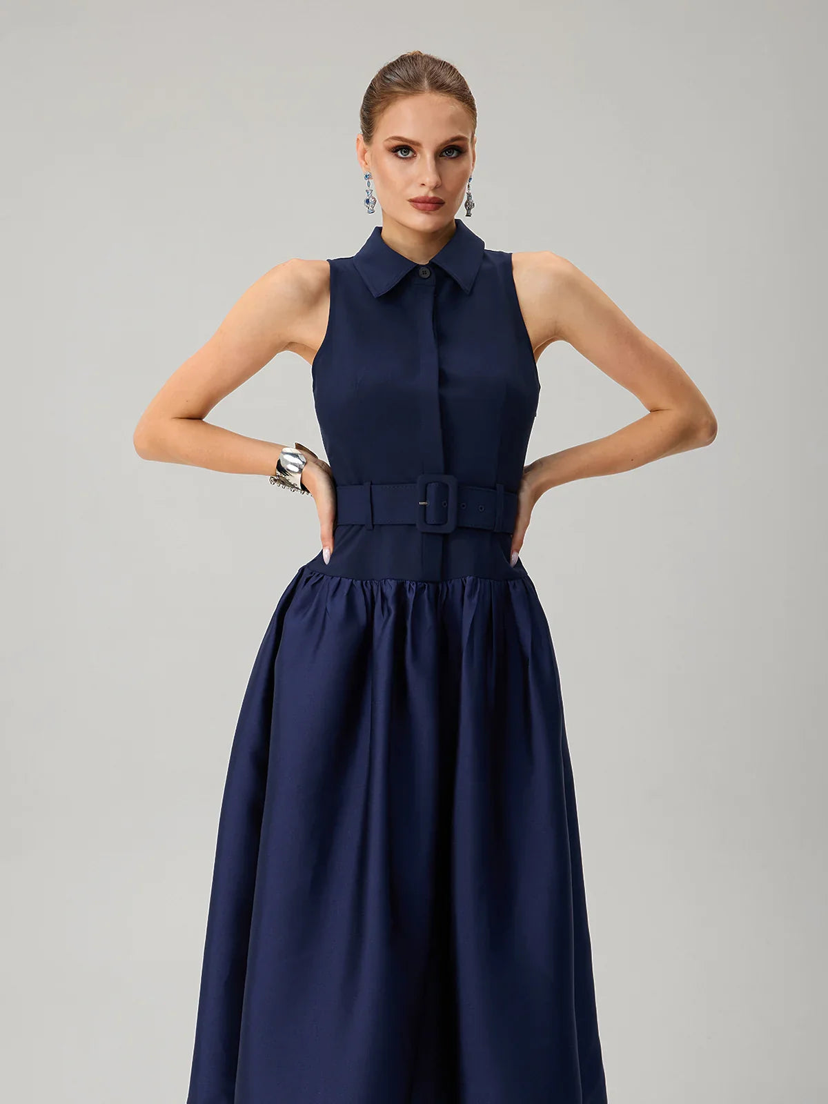 Maddie Navy Tailored Belted Midi Dress