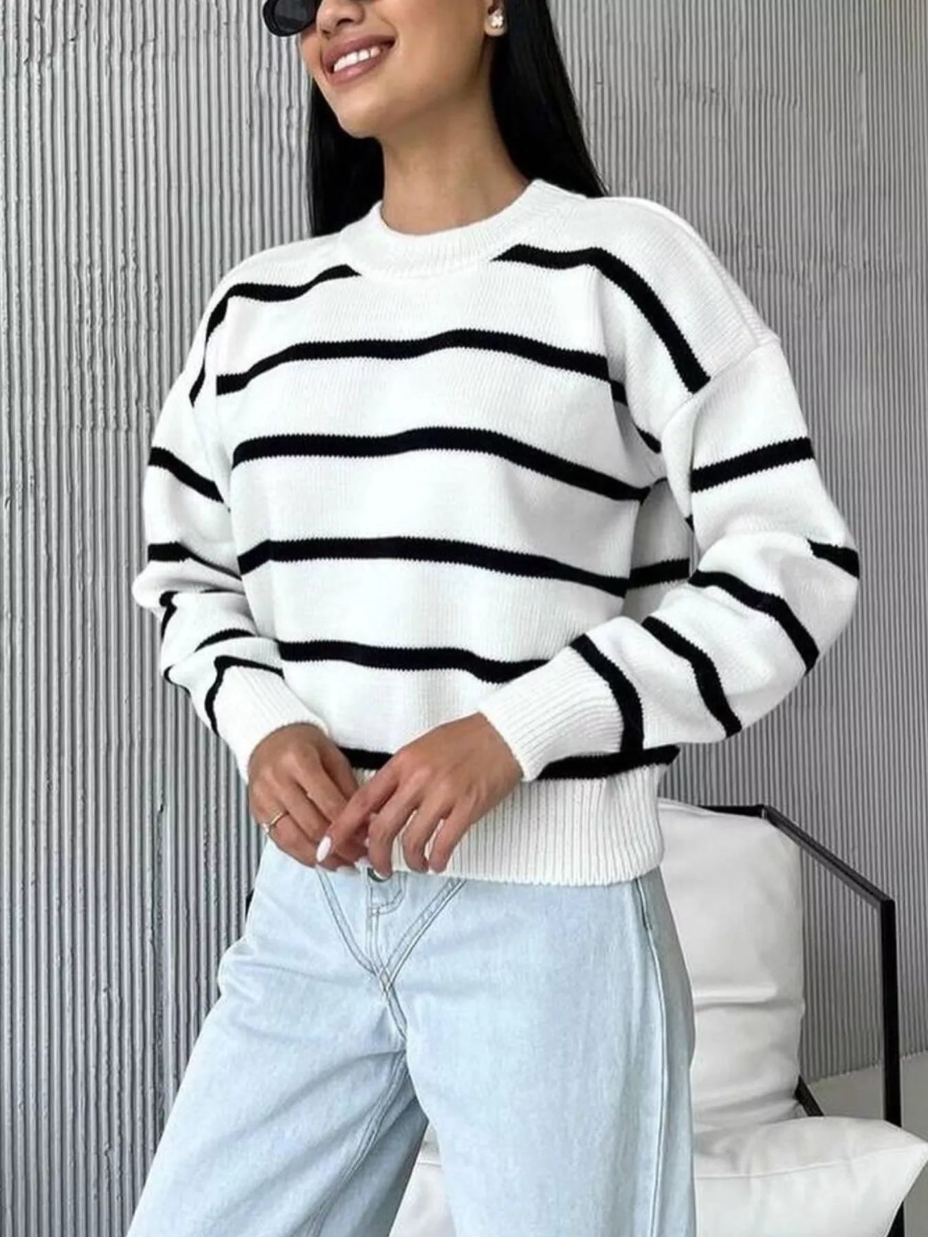 Striped Knit Round Neck Sweater