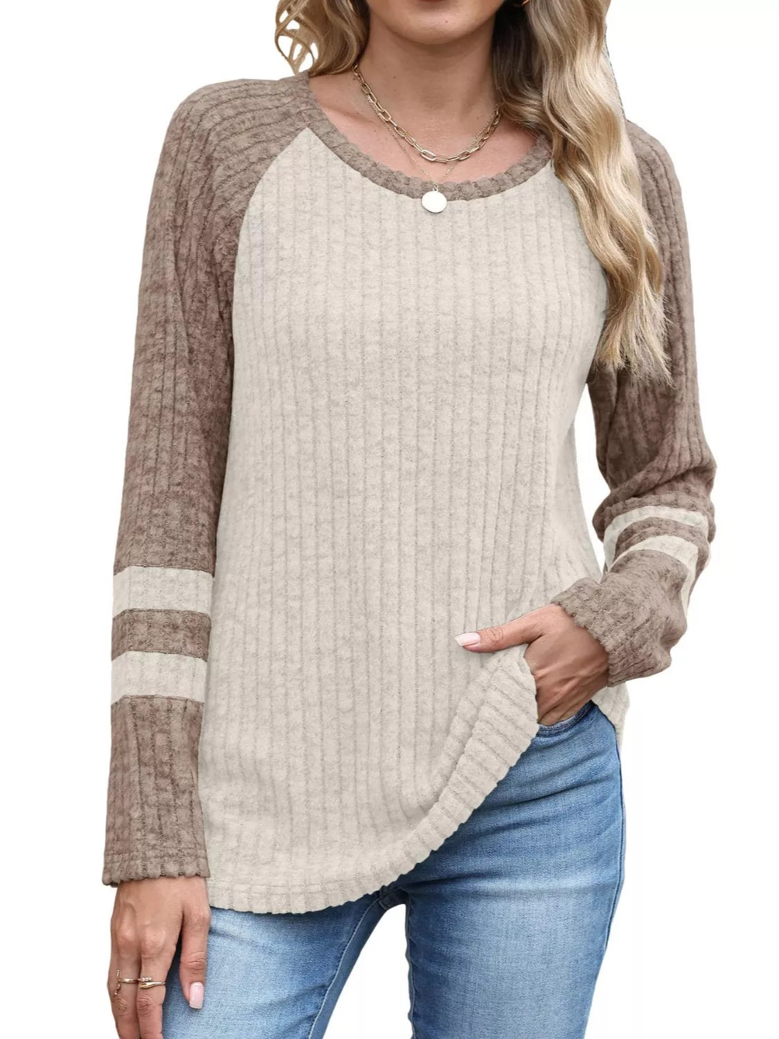 Ribbed Knit Raglan Long Sleeve T-Shirt