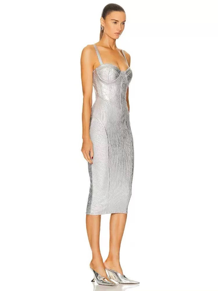Metallic silver midi dress