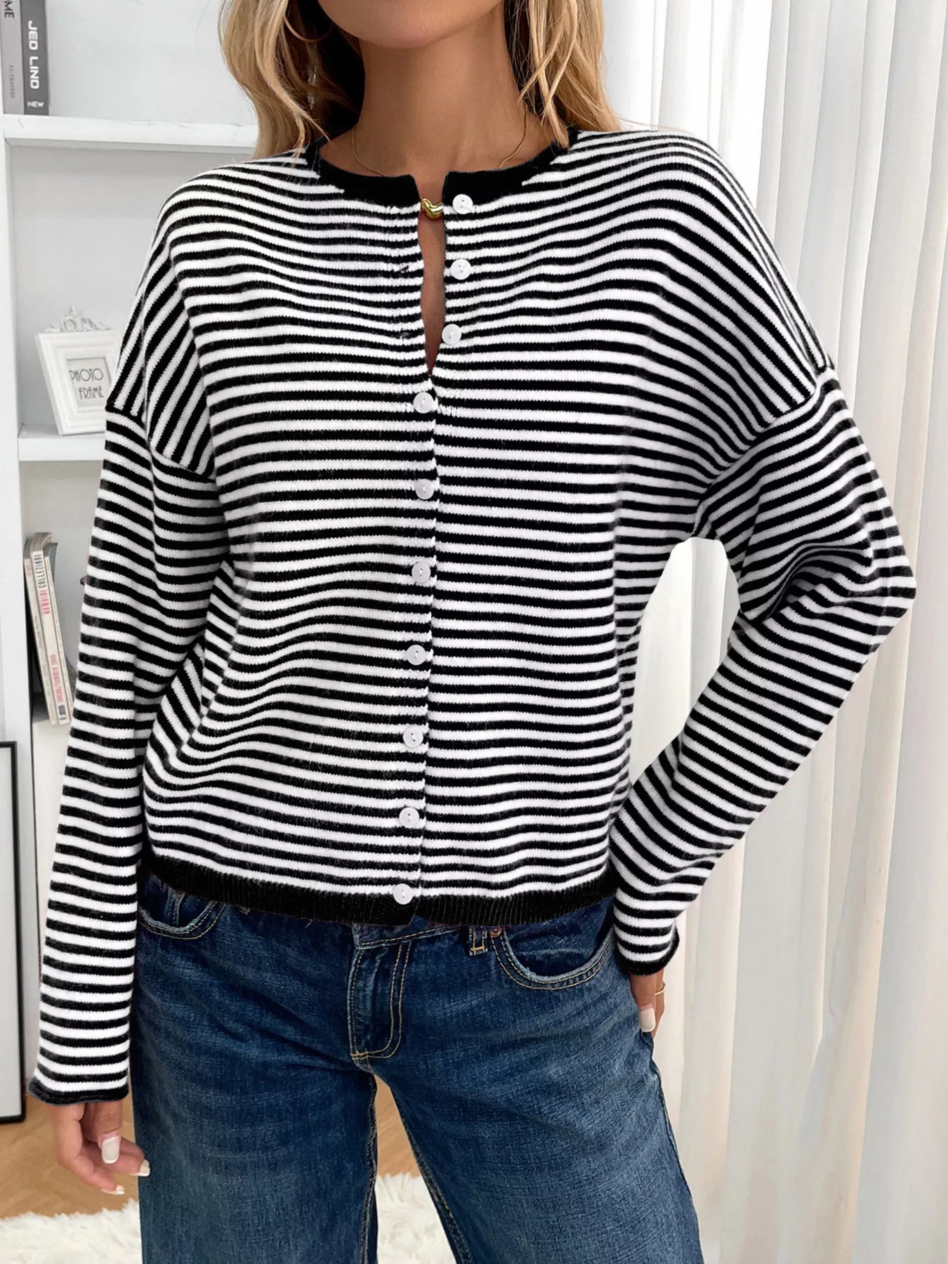 Women’s Striped Button-Down Dropped Shoulder Cardigan – Cozy Knit Sweater