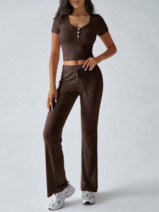 Casual Ribbed Short Sleeve Top and Pants Set