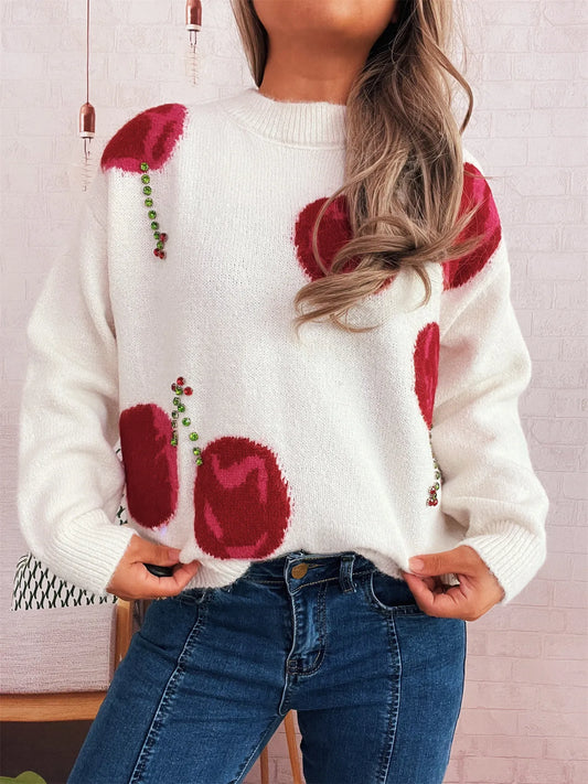 Women’s Contrast Cherry Round Neck Sweater – Cute Knit Pullover for Fall & Winter