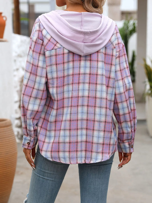 Plaid Button-Up Hooded Shirt with Chest Pocket