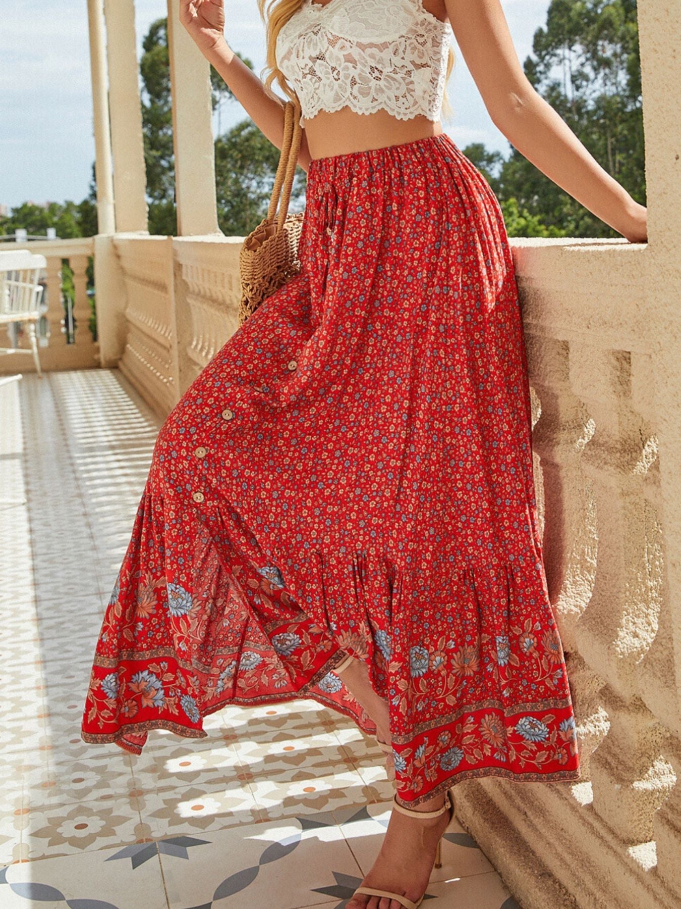 Floral Print Slit Skirt