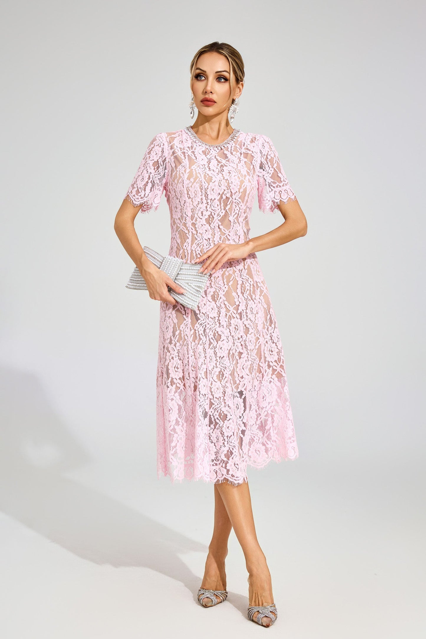 Jolie Sheer Pink Lace Midi Dress