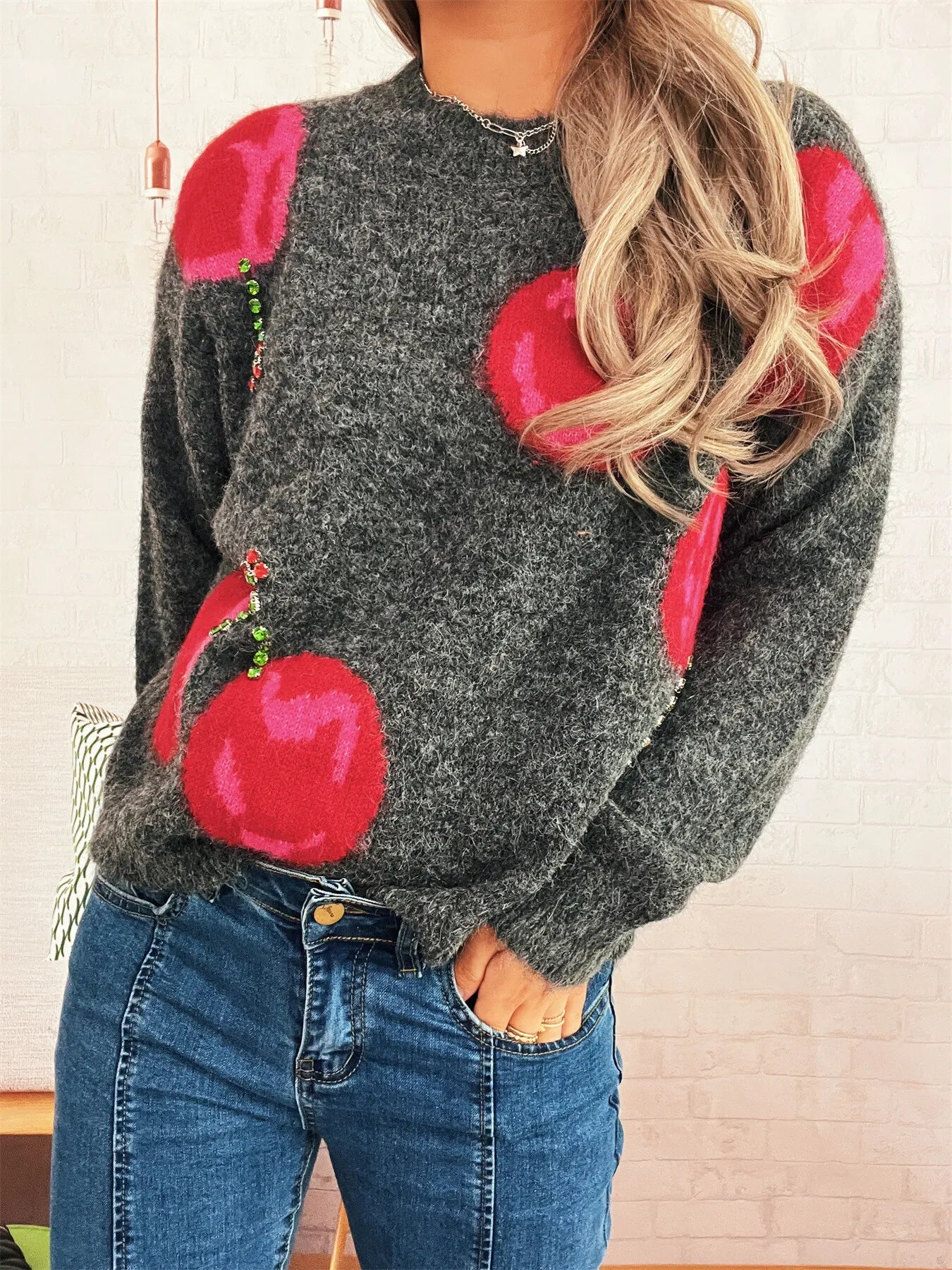 Women’s Contrast Cherry Round Neck Sweater – Cute Knit Pullover for Fall & Winter