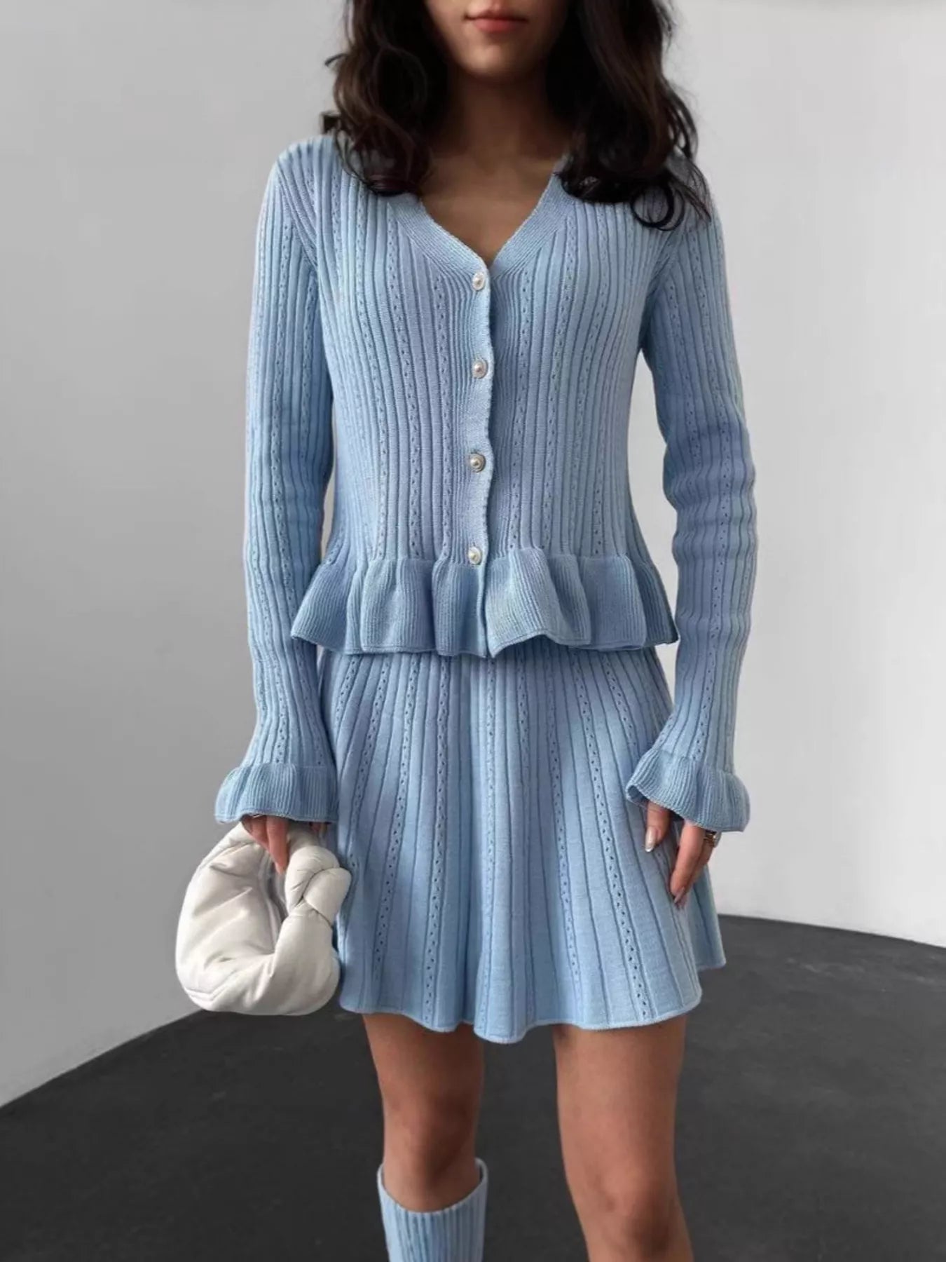 Ruffle Trim Knit Cardigan & Skirt Set Light Blue