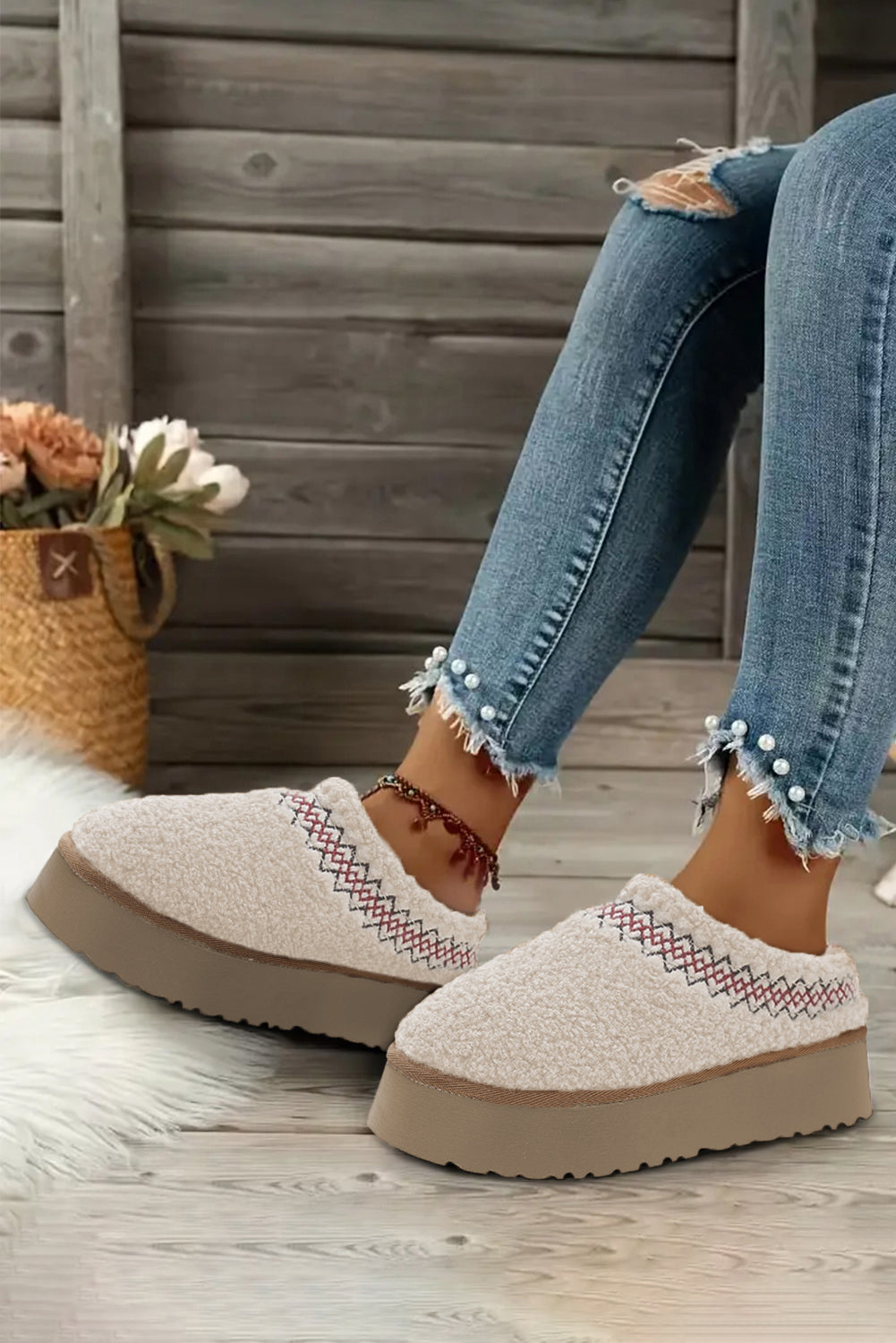 White Suede Contrast Print Plush Thick Sole Snow Boots
