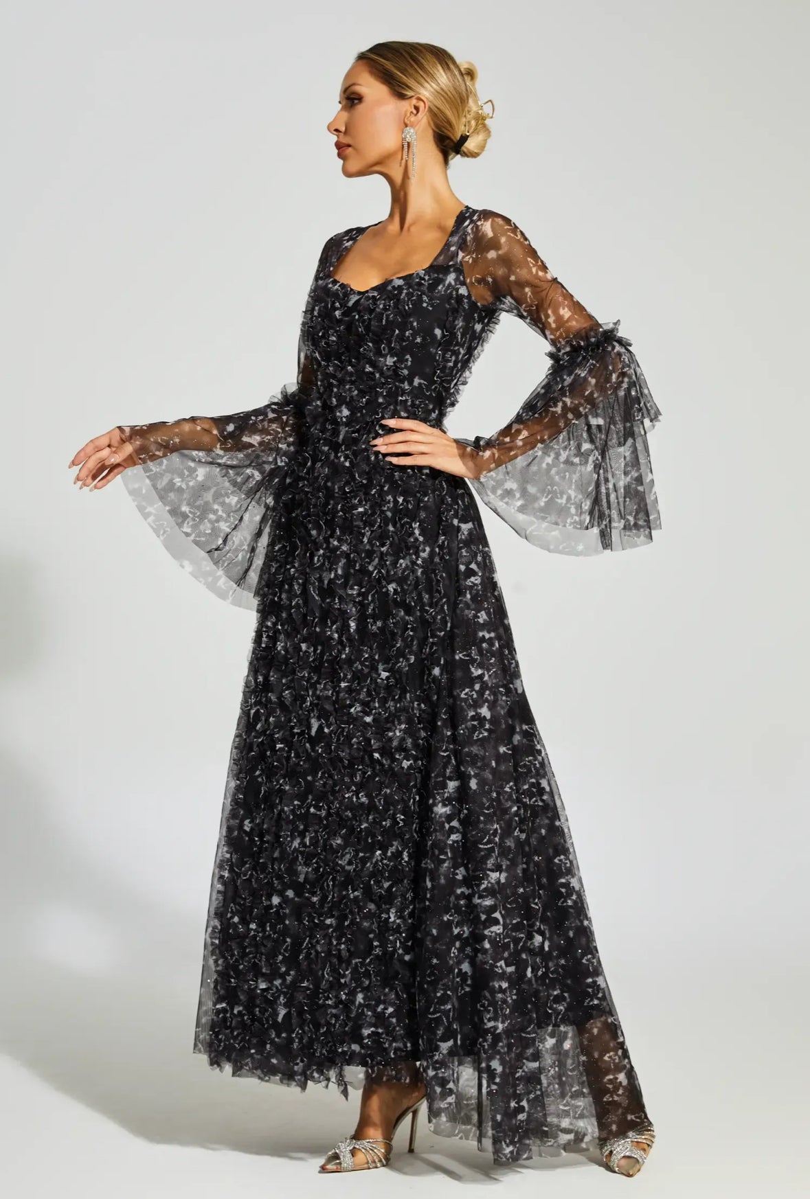 Black floral mesh maxi dress