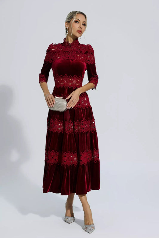 Red velvet flare maxi dress
