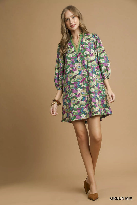 Boho Floral Balloon Sleeve Mini Dress – Flowy Vintage-Inspired Casual Dress for Women