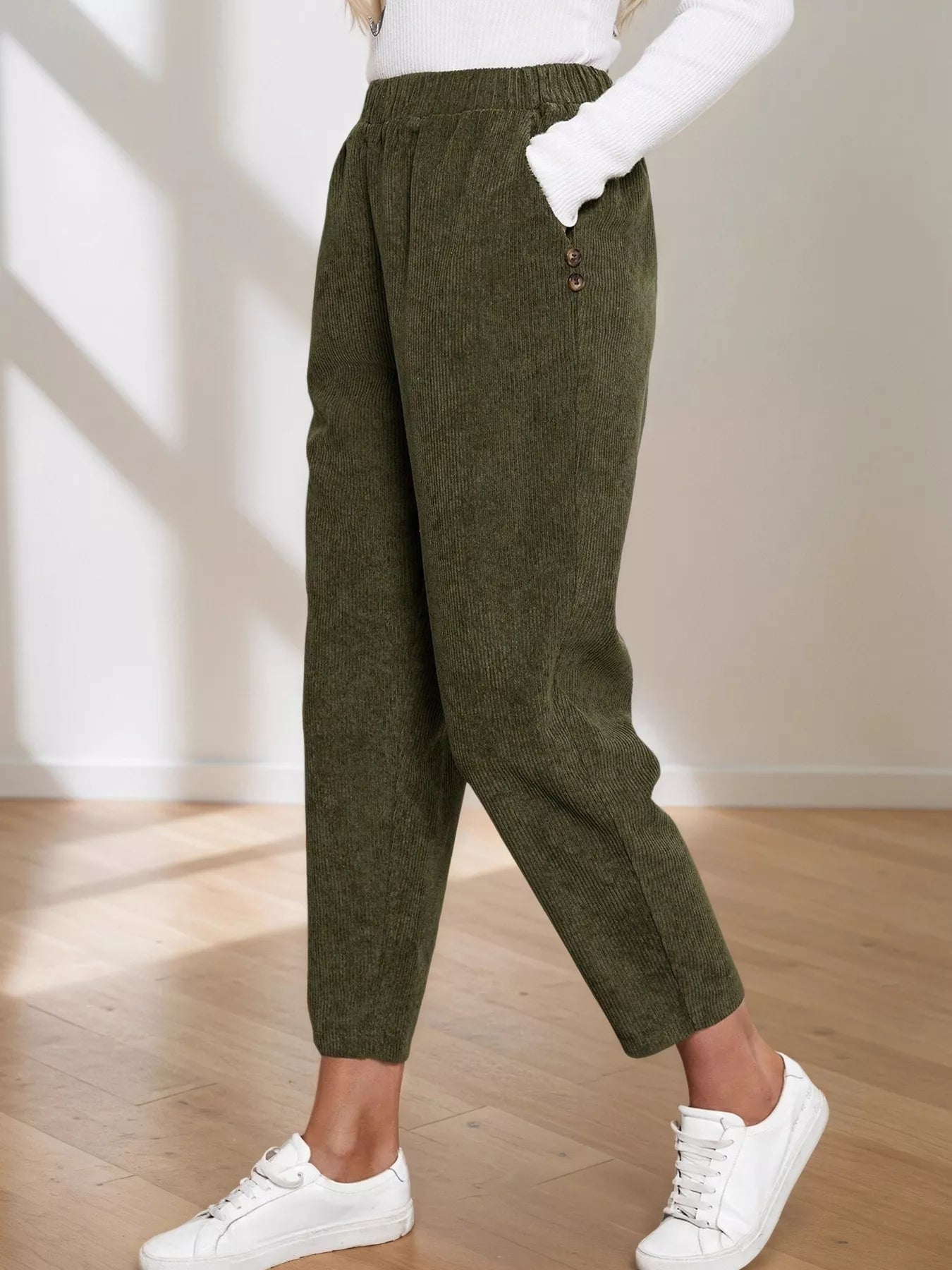 Corduroy Elastic Waist Cropped Pants