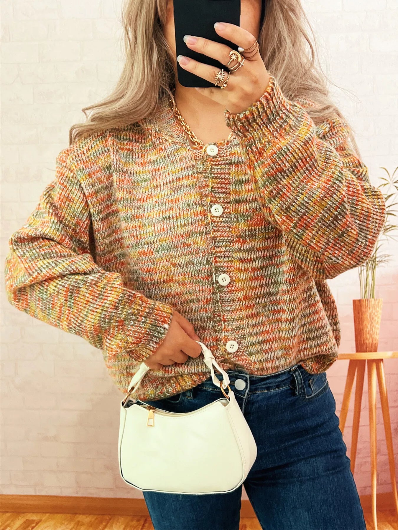 Women’s Multi-Colored Knit Button-Down Cardigan – Cozy Colorblock Sweater