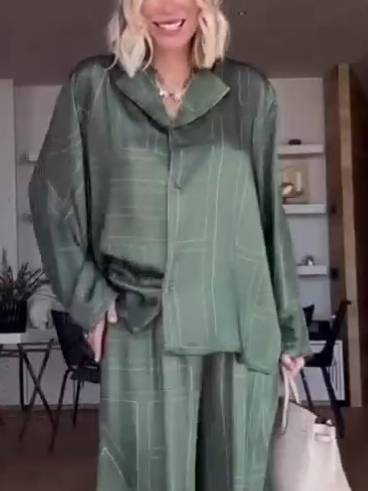 Geometric Letter Print Shirt Wide Leg Suit-Shirt Green
