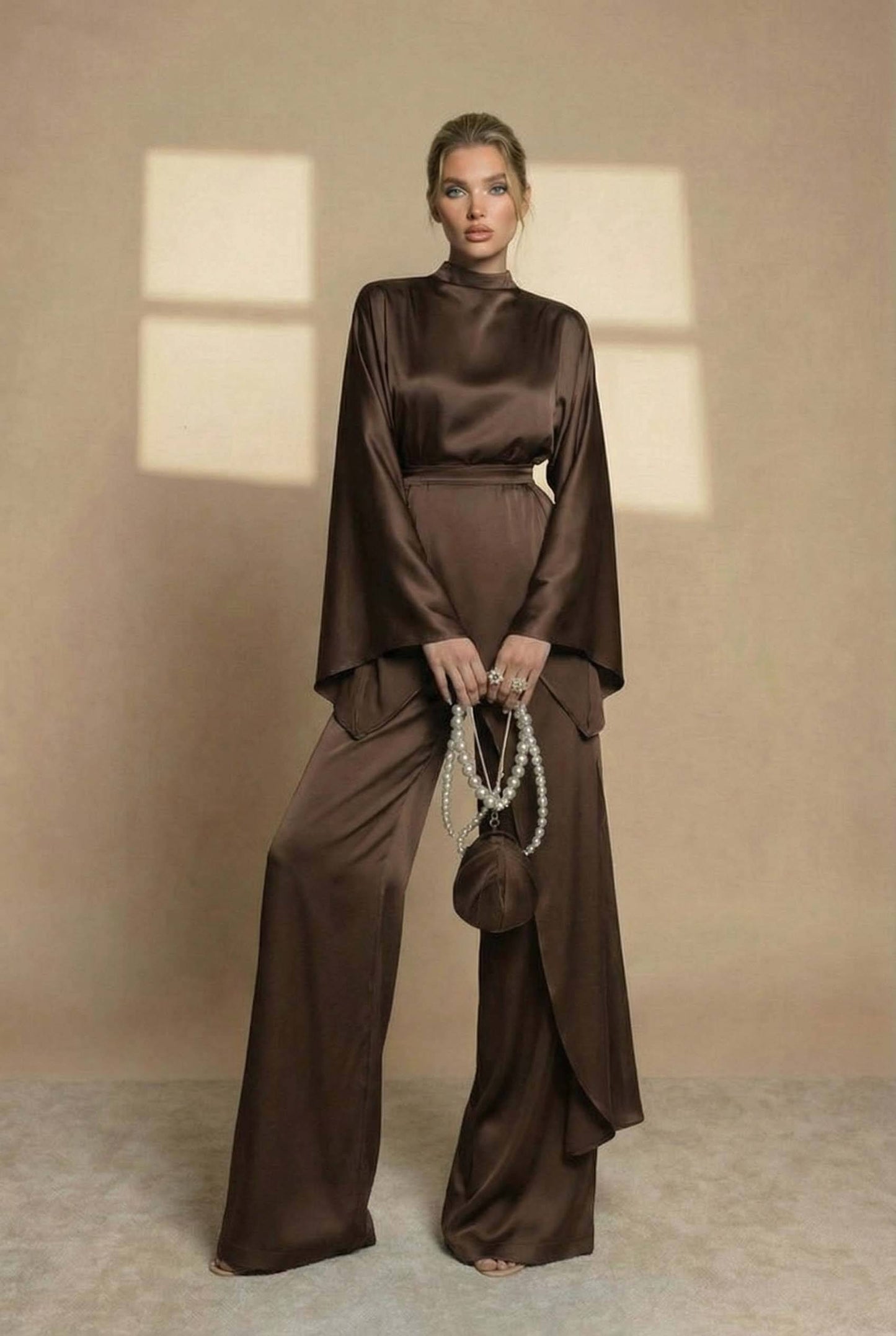 Irregular Shirt And Wide Leg Pants Set Coffee