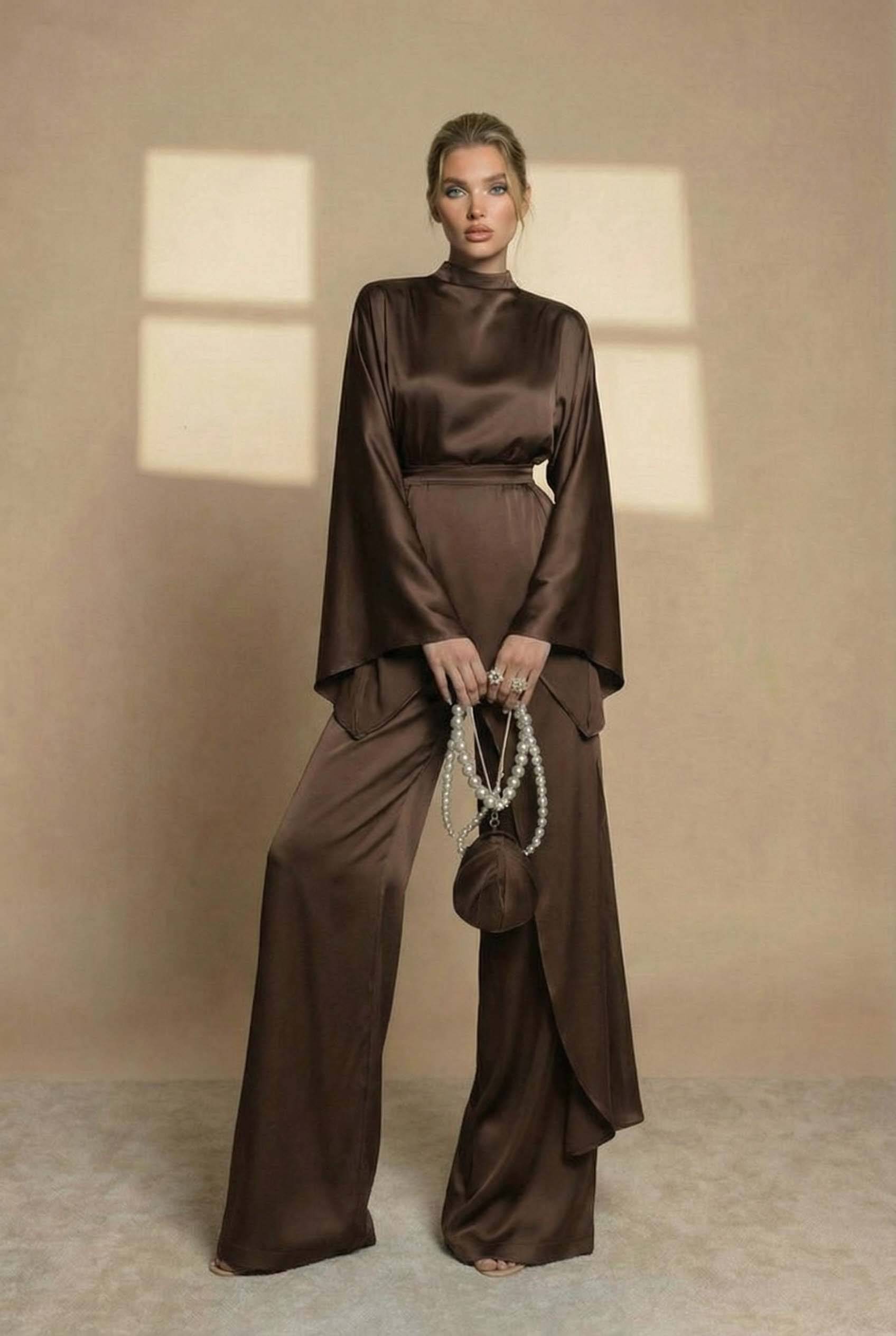 Irregular Shirt And Wide Leg Pants Set Coffee