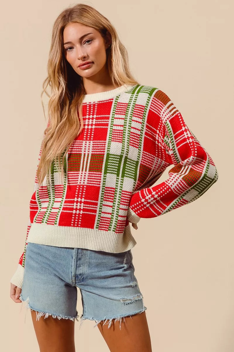 SO ME Christmas Color Checkered Plaid Crew Neck Sweater