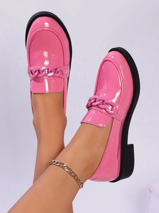 Women’s Round Toe Chain Detail Loafers – Classic Slip-On Dress Shoes for Work & Casual