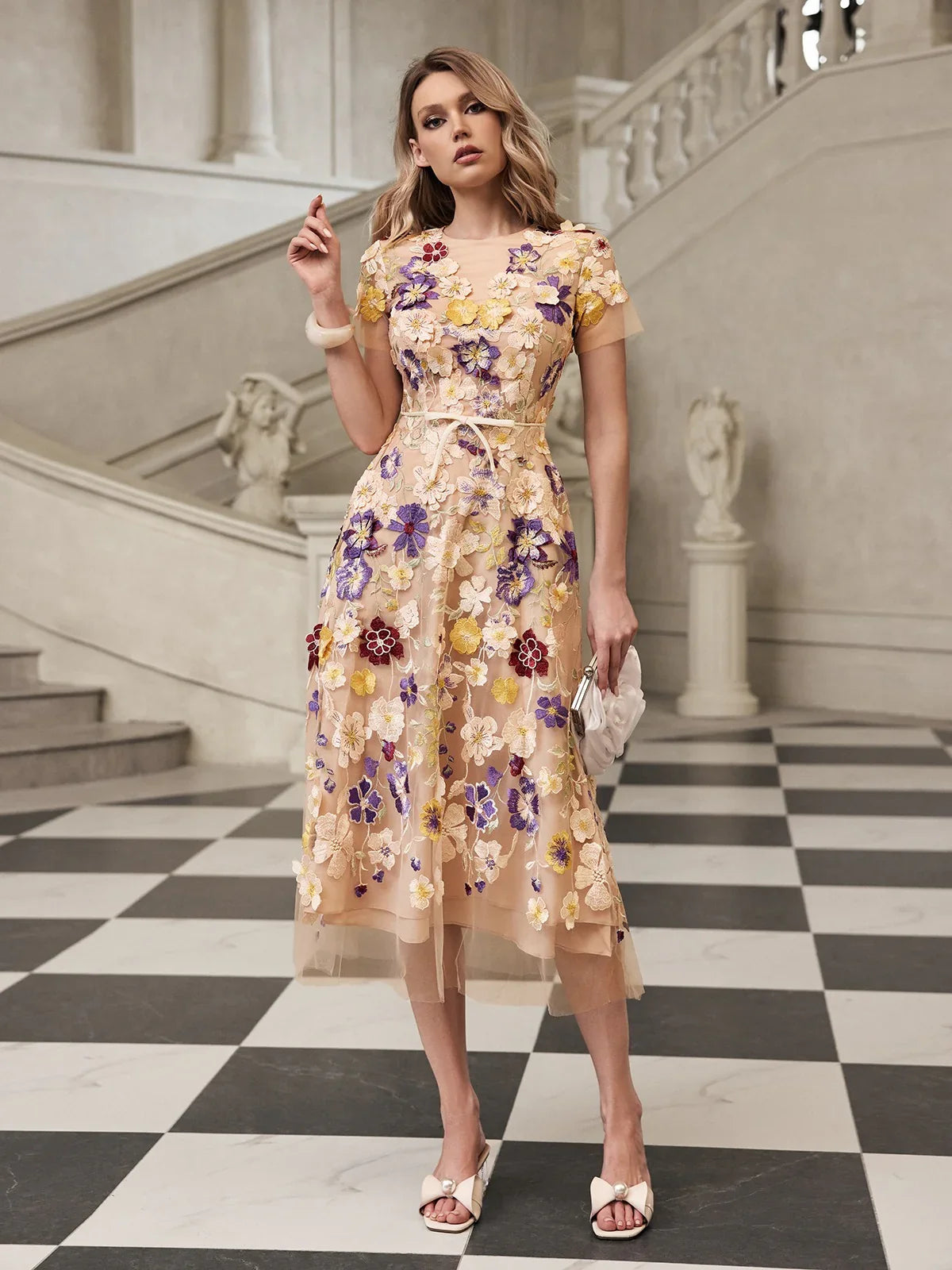 Fleur Embroidered Tulle Midi Dress