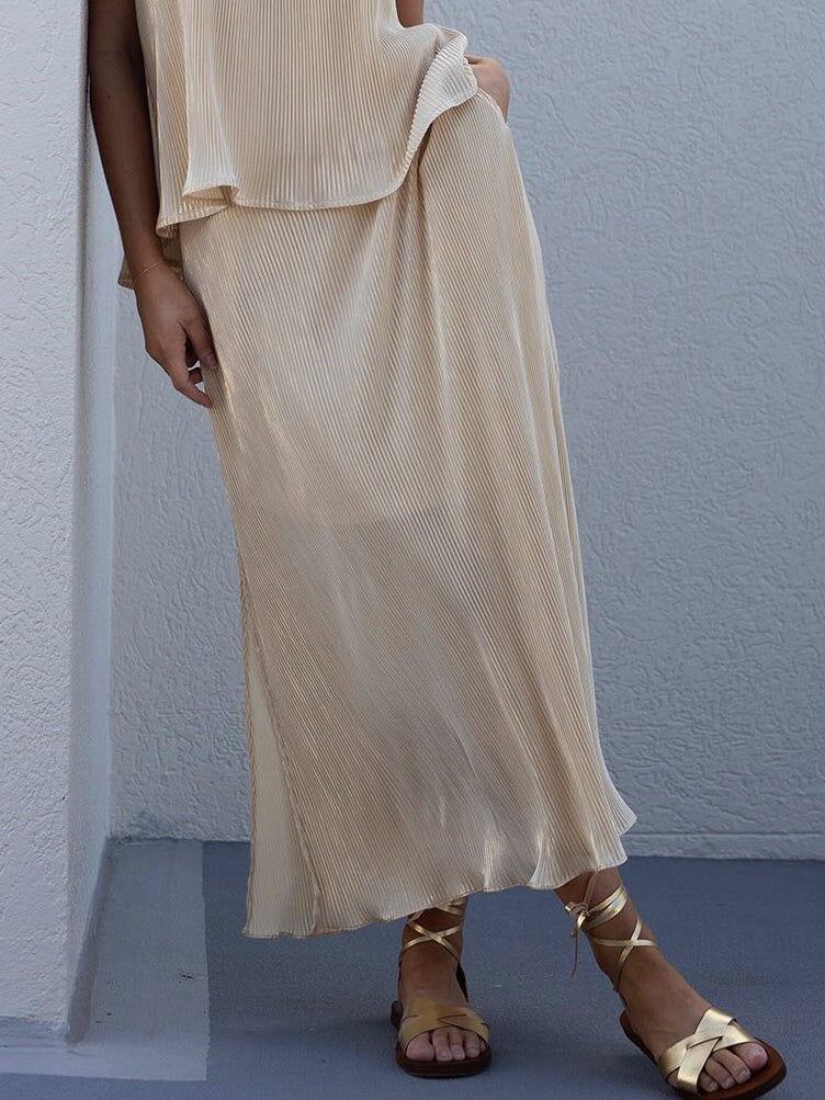 Elegant Pleated Slit Versatile Skirt Apricot