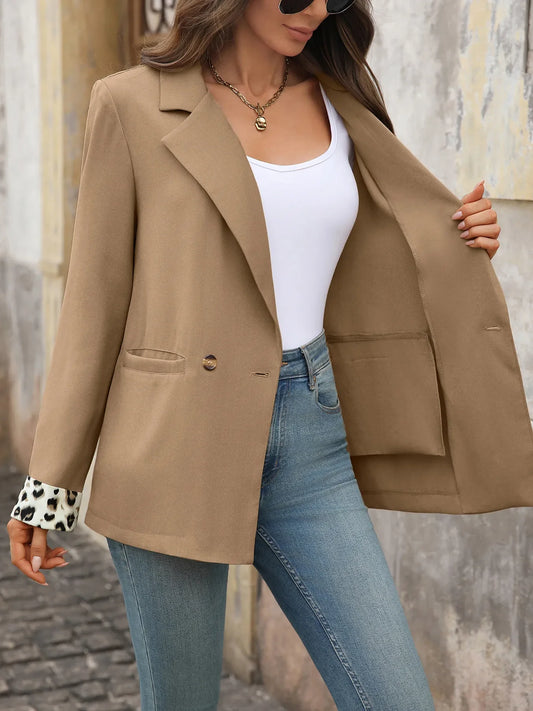 Lapel Collar Leopard Cuff Long Sleeve Blazer