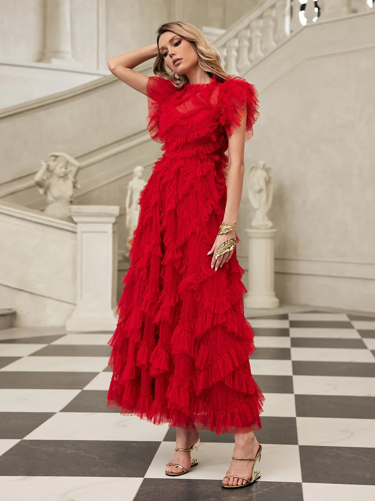 Red short sleeves mesh midi dress