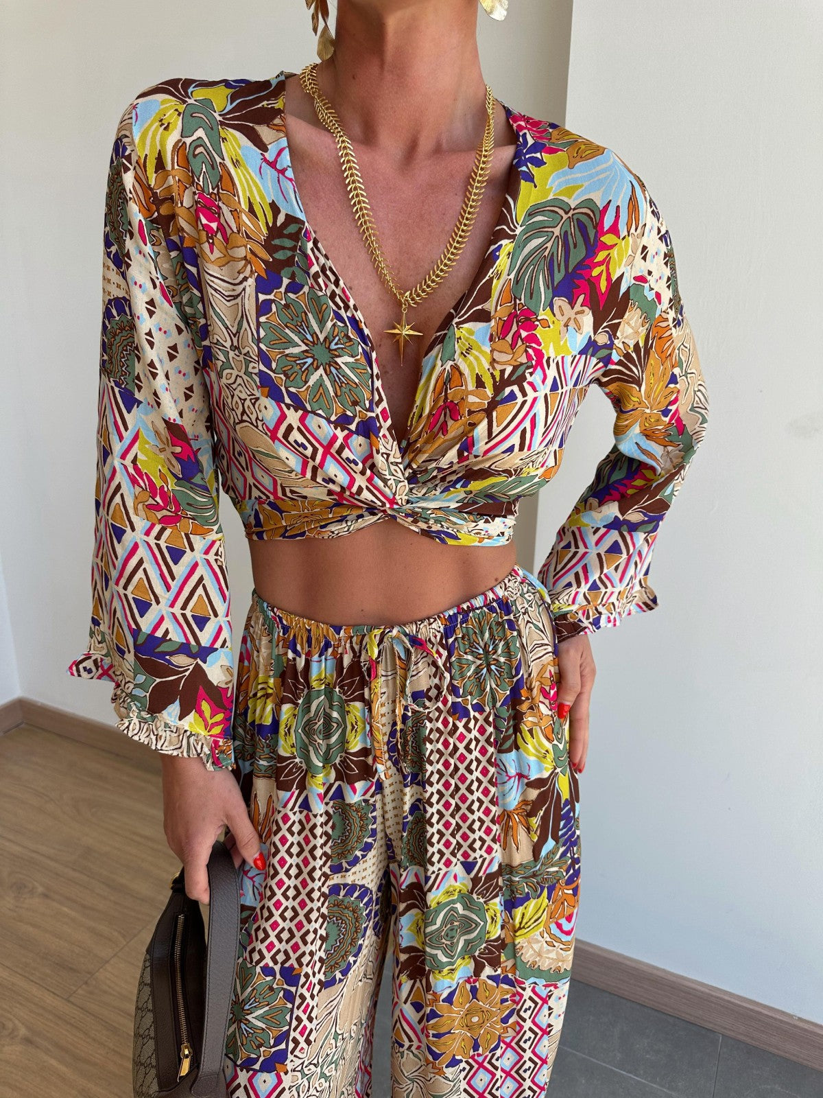 Retro Plant Print Short Shirt Multi