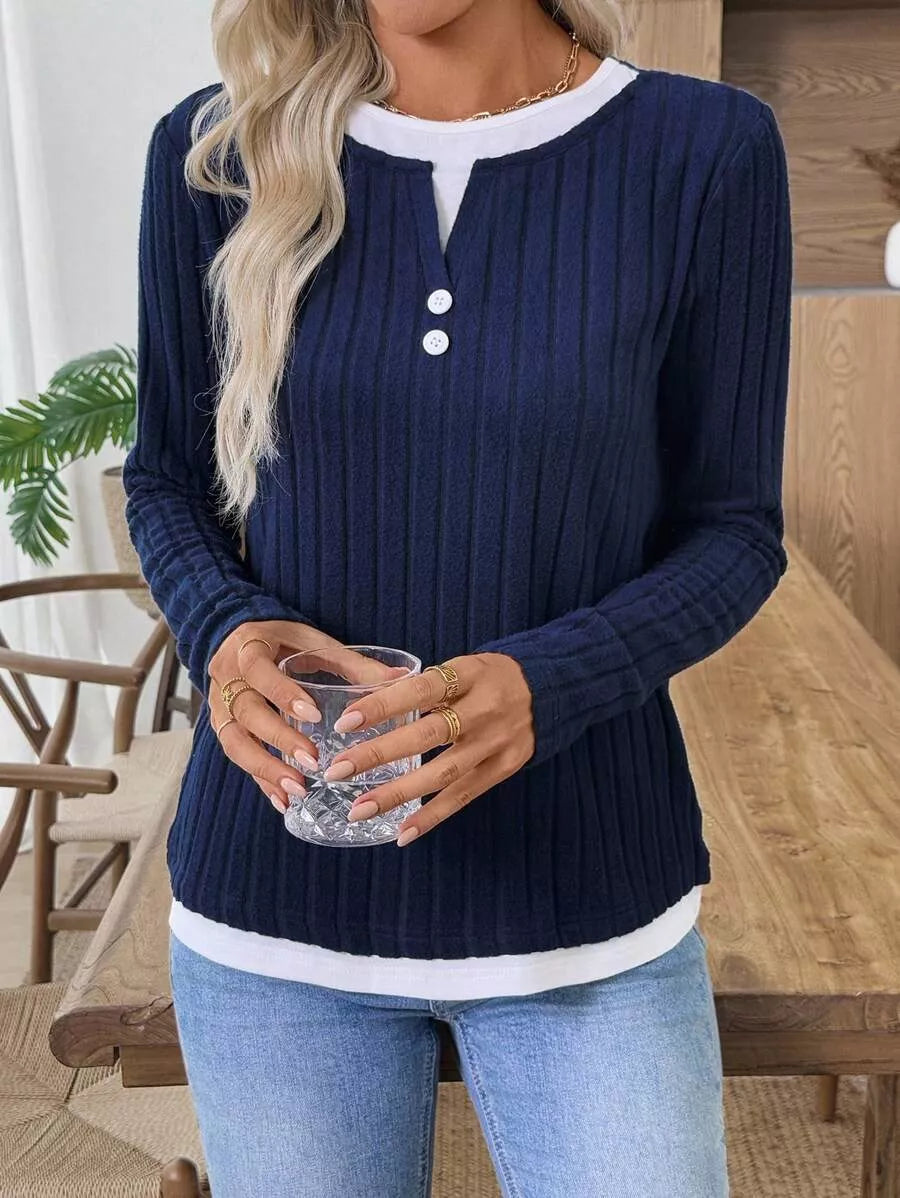 Ribbed Knit Long Sleeve Fake Two-Piece T-Shirt