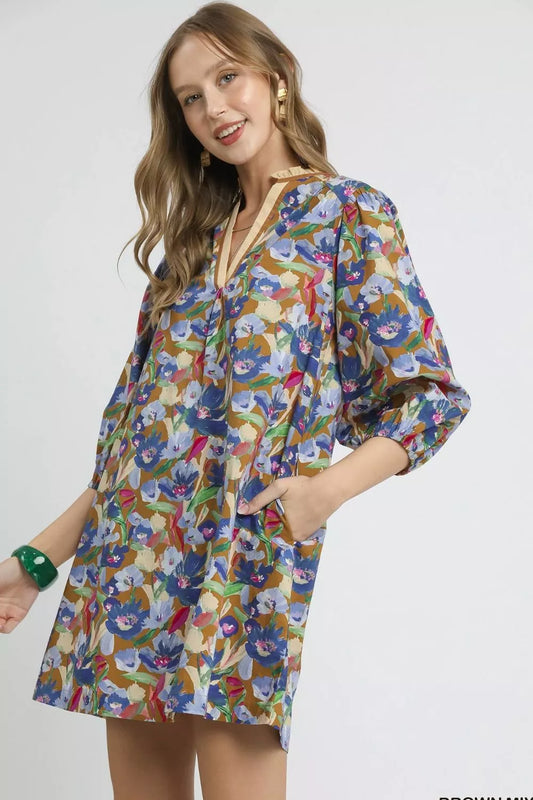 Women’s Boho Floral Balloon Sleeve Mini Dress – Vintage Ruffle Hem Short Dress