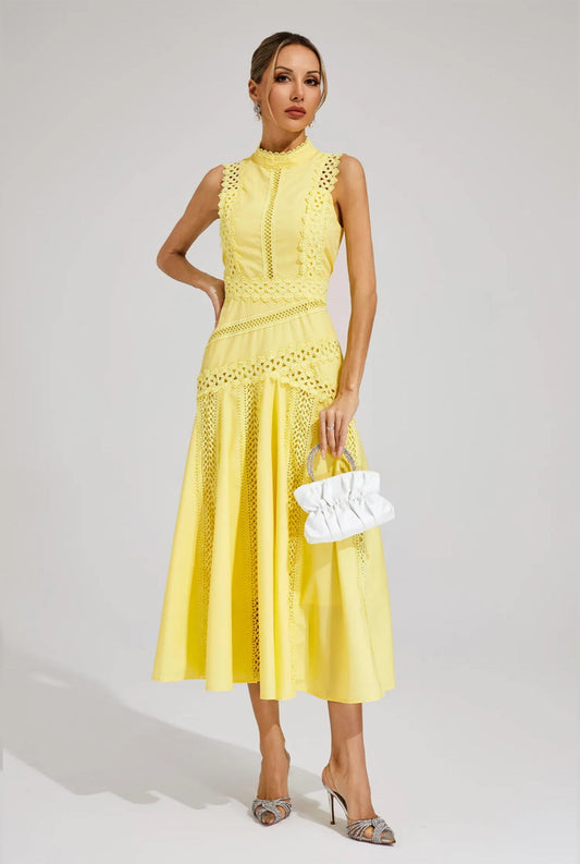 Yellow lace sleeveless midi dress